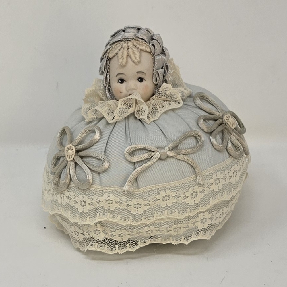 Vtg little girl antique half doll porcelain germany pincushion - Picture 1 of 8